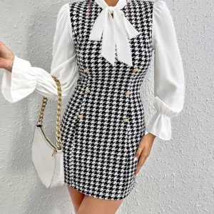 Sexy Temperament New Color Contrast Print Casual Summer Bow Tie Slim Long-sleeved Dress