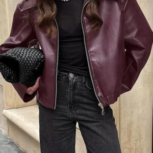 2025 New Fashion PU Leater Loose Jacket Women Autumn Lapel Zipper Long Sleeve Outerwears Streetwear Burgundy Female Bomber Coats
