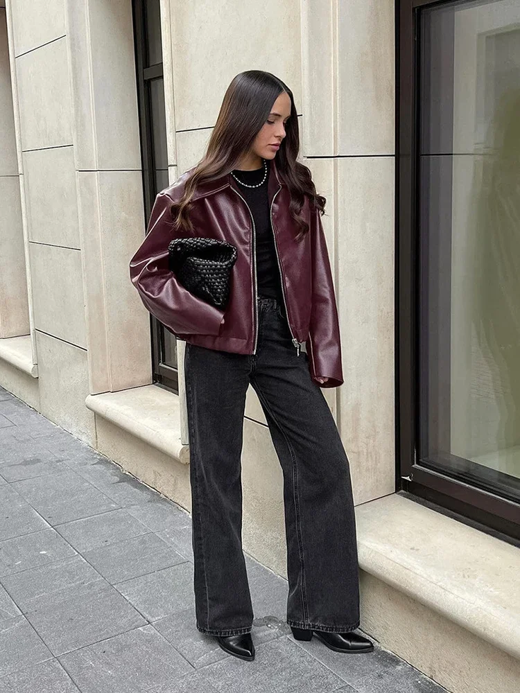 2025 New Fashion PU Leater Loose Jacket Women Autumn Lapel Zipper Long Sleeve Outerwears Streetwear Burgundy Female Bomber Coats - Image 6