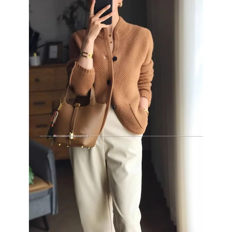 Autumn Winter New Thickened 100% Cashmere Wool Cardigan Women Stand Neck Sweater Sweater Loose Knit Base Wool Sweater Jacket - Image 3