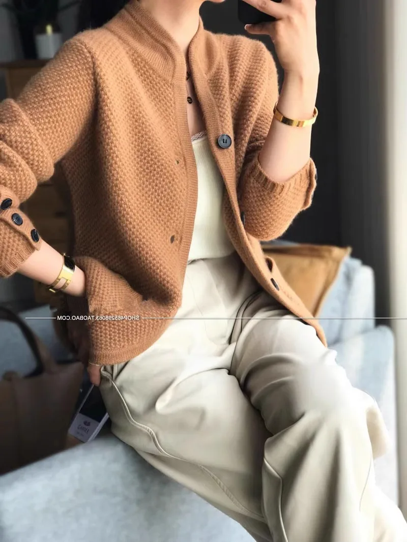 Autumn Winter New Thickened 100% Cashmere Wool Cardigan Women Stand Neck Sweater Sweater Loose Knit Base Wool Sweater Jacket - Image 7