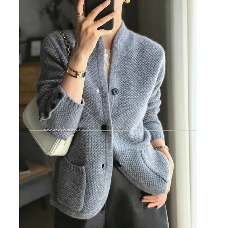 Autumn Winter New Thickened 100% Cashmere Wool Cardigan Women Stand Neck Sweater Sweater Loose Knit Base Wool Sweater Jacket - Image 2
