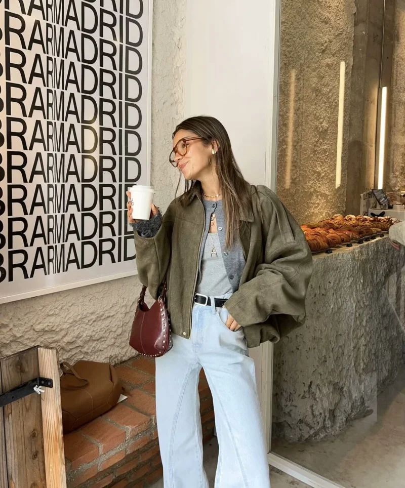 ETJ 2025 Spring new women's suede texture effect Loose version of fashion lapel shoulder bomber jacket - Image 2