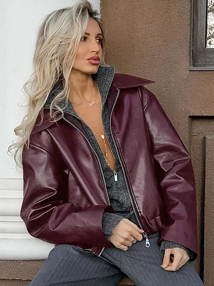 2025 New Fashion PU Leater Loose Jacket Women Autumn Lapel Zipper Long Sleeve Outerwears Streetwear Burgundy Female Bomber Coats - Image 7