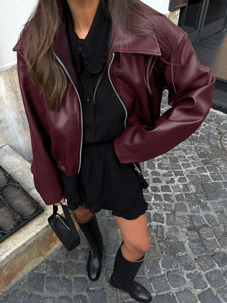 2025 New Fashion PU Leater Loose Jacket Women Autumn Lapel Zipper Long Sleeve Outerwears Streetwear Burgundy Female Bomber Coats - Image 3