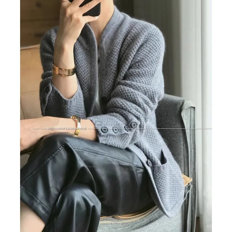 Autumn Winter New Thickened 100% Cashmere Wool Cardigan Women Stand Neck Sweater Sweater Loose Knit Base Wool Sweater Jacket - Image 4