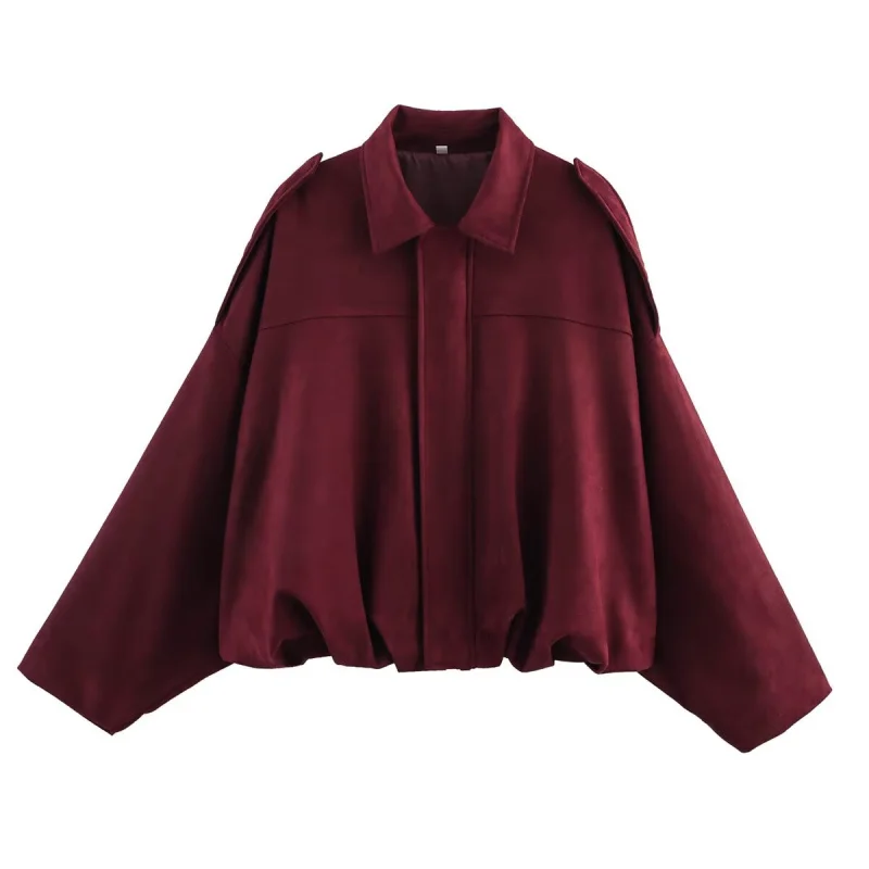 ETJ 2025 Spring new women's suede texture effect Loose version of fashion lapel shoulder bomber jacket - Image 6