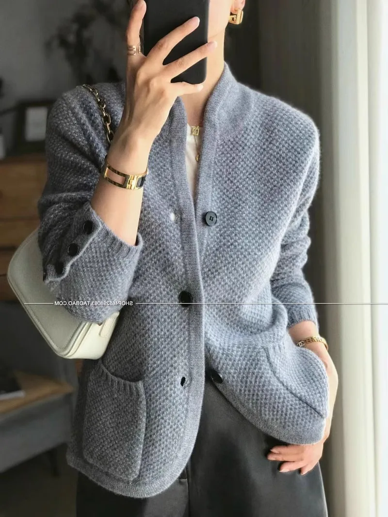 Autumn Winter New Thickened 100% Cashmere Wool Cardigan Women Stand Neck Sweater Sweater Loose Knit Base Wool Sweater Jacket - Image 6