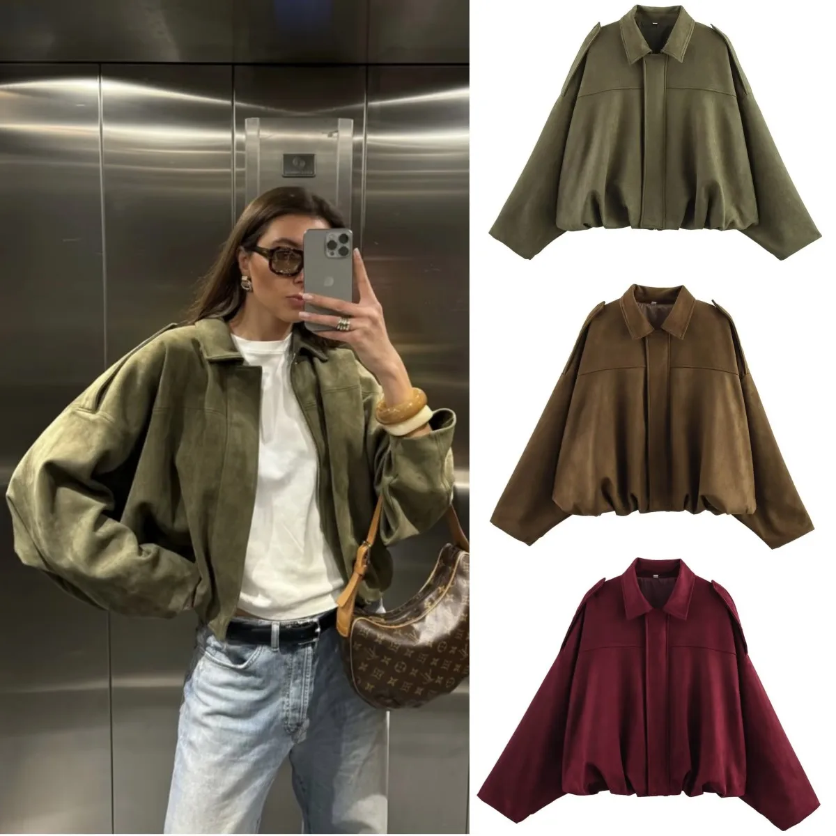 ETJ 2025 Spring new women's suede texture effect Loose version of fashion lapel shoulder bomber jacket